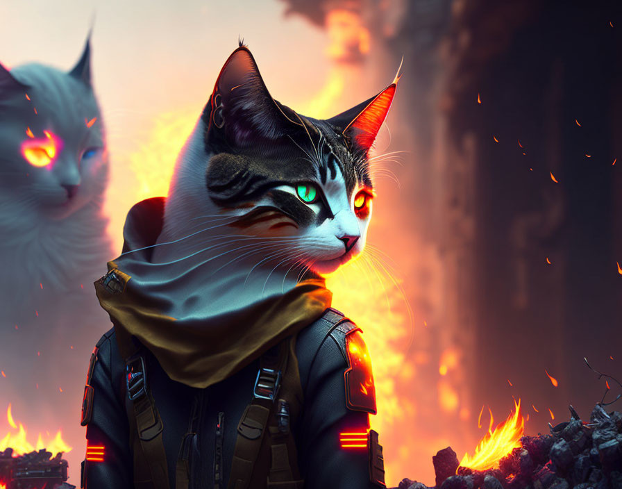 Digital Artwork: Cat with Glowing Eyes, Devil Horns, and Tactical Vest in Flames