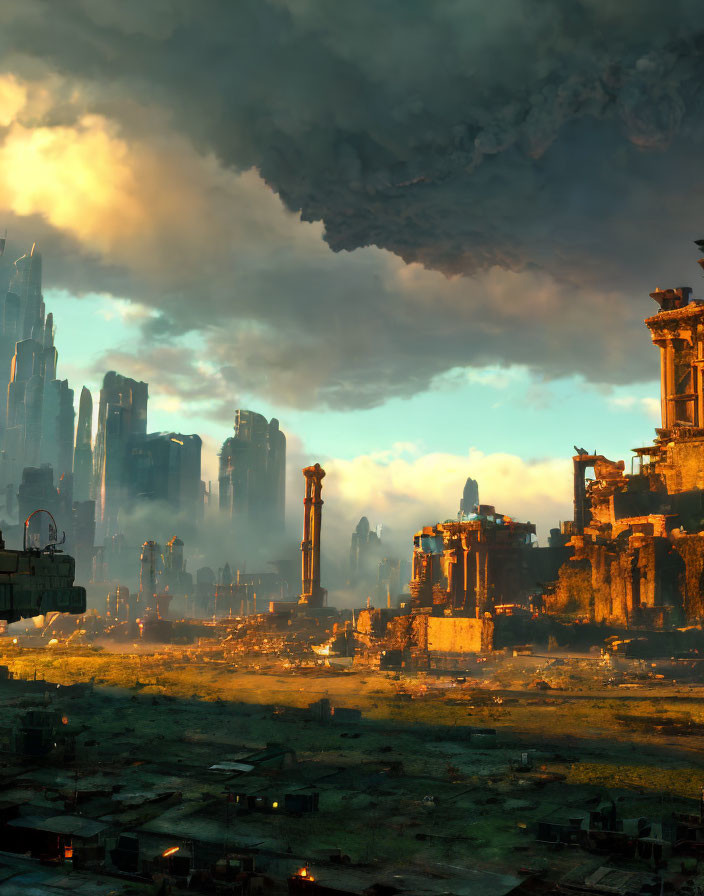 Dystopian cityscape at sunset with towering ruins and eerie glow.