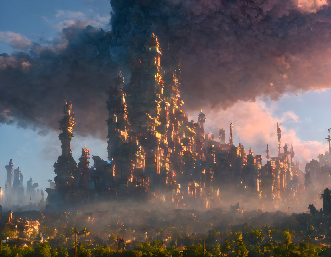 Fantastical cityscape with towering spires and dark smoke clouds.