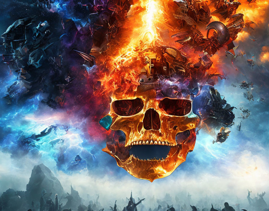 Ethereal creatures and fiery skull in chaotic scene