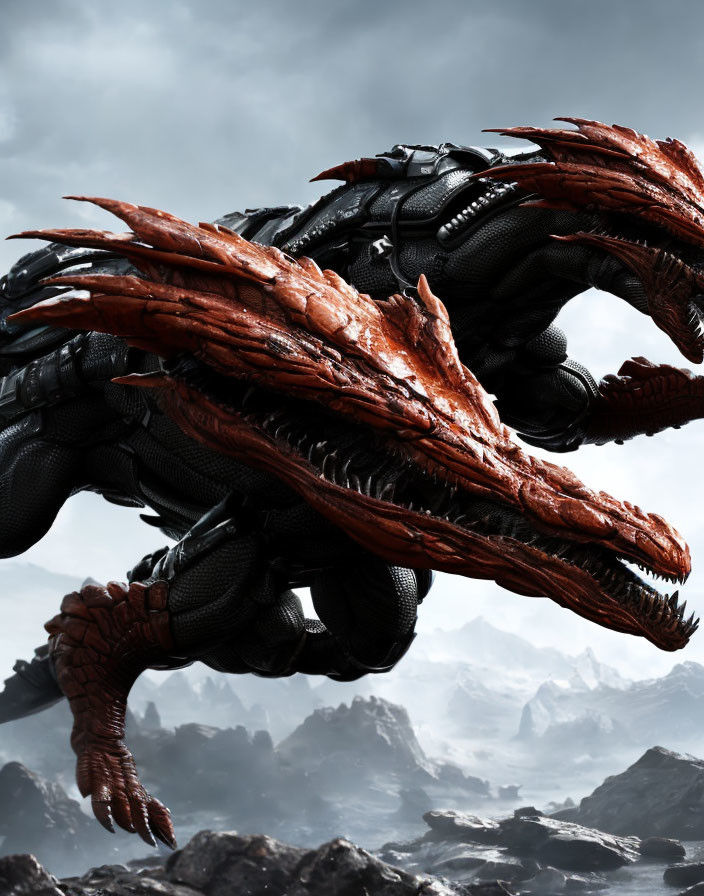 Menacing dark red dragon with sharp spikes and scales in stormy mountainous backdrop