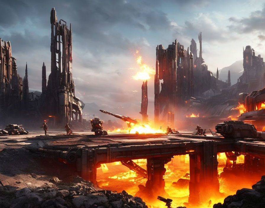 Futuristic battlefield with soldiers, tanks, and molten lava landscape.