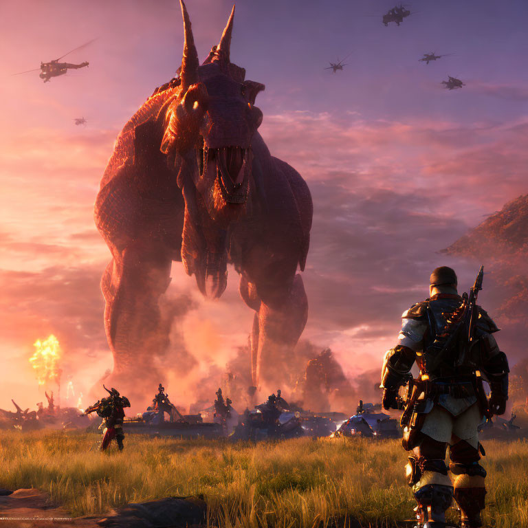 Gigantic dinosaur-like creature in battlefield with helicopters and soldiers amid explosions at sunset