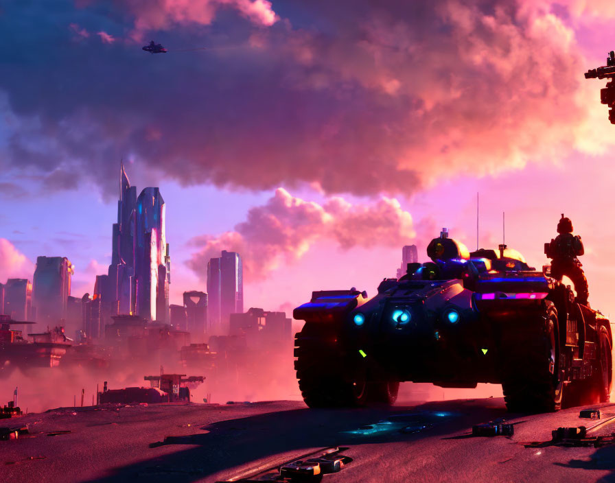 Purple Dusk Cityscape with Flying and Armored Vehicles