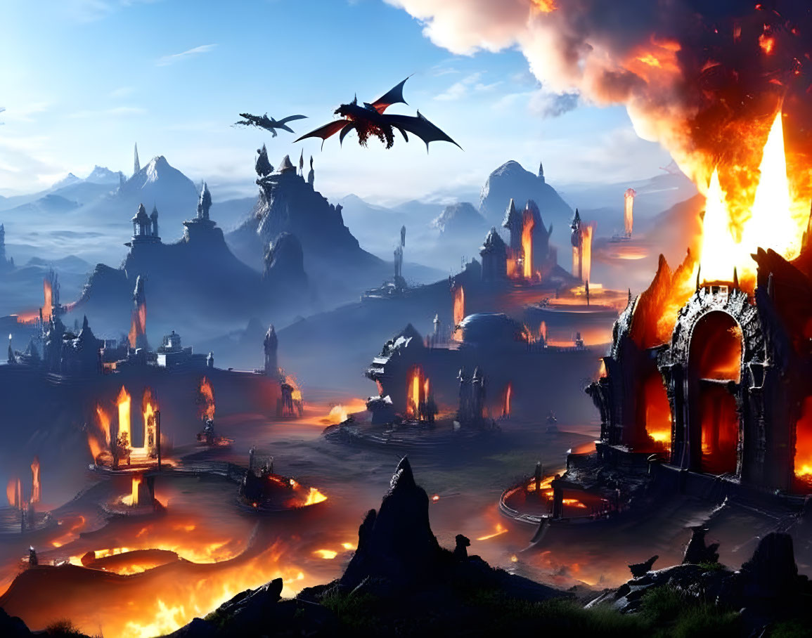 Volcanic landscape with flying dragon over fiery realm and illuminated structures