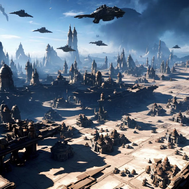 Futuristic Cityscape with Towering Spires and Flying Ships