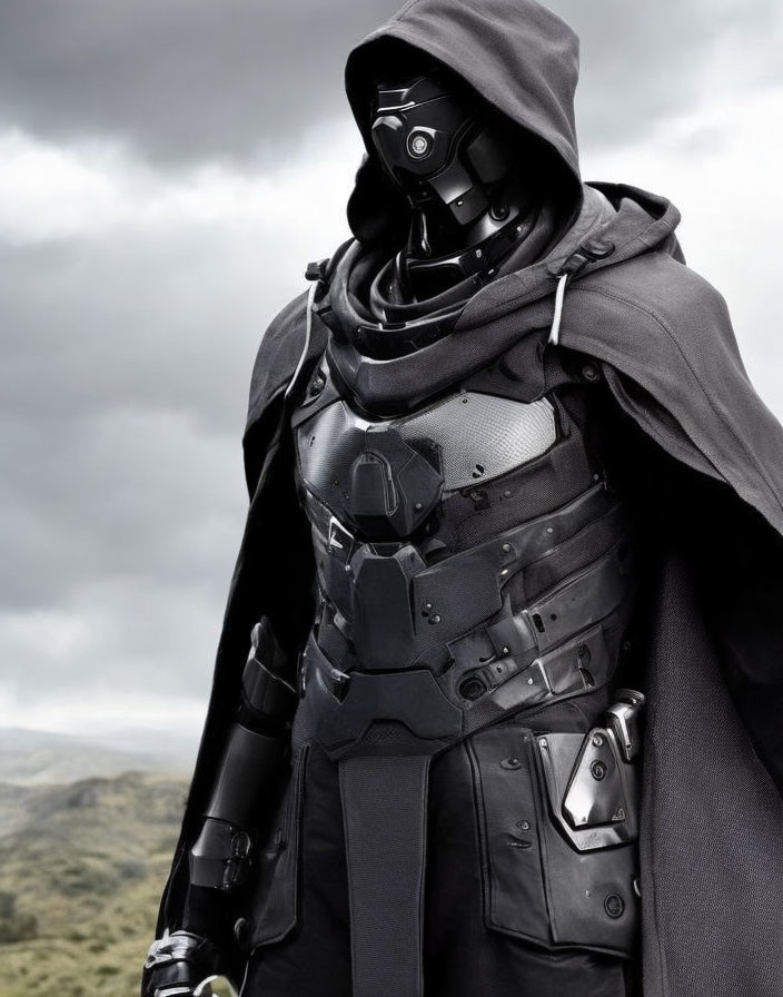 Futuristic figure in black armor suit under stormy sky