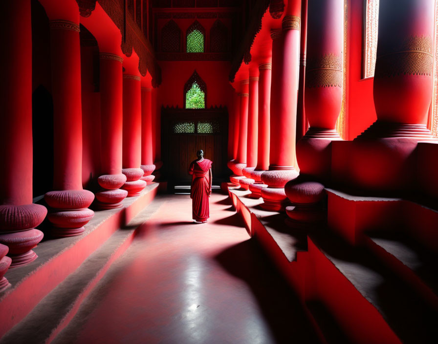 Person in Red Robe Contemplating in Ornate Hall with Vibrant Decor