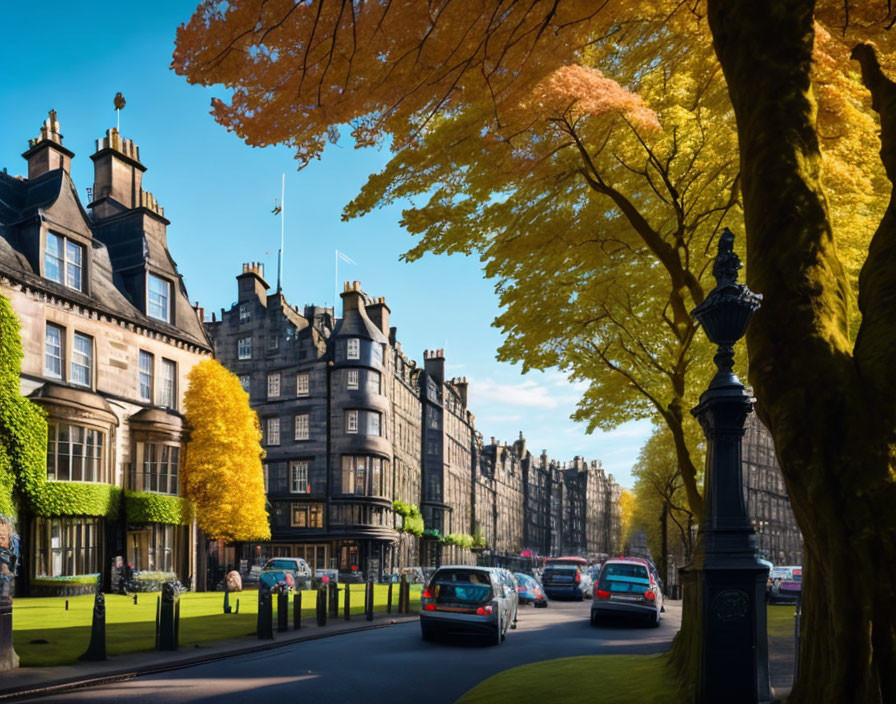 Historic buildings on leafy street with autumn trees and blue sky