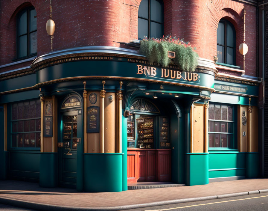 Vintage-style pub with dark green façade & gold lettering in warm lighting