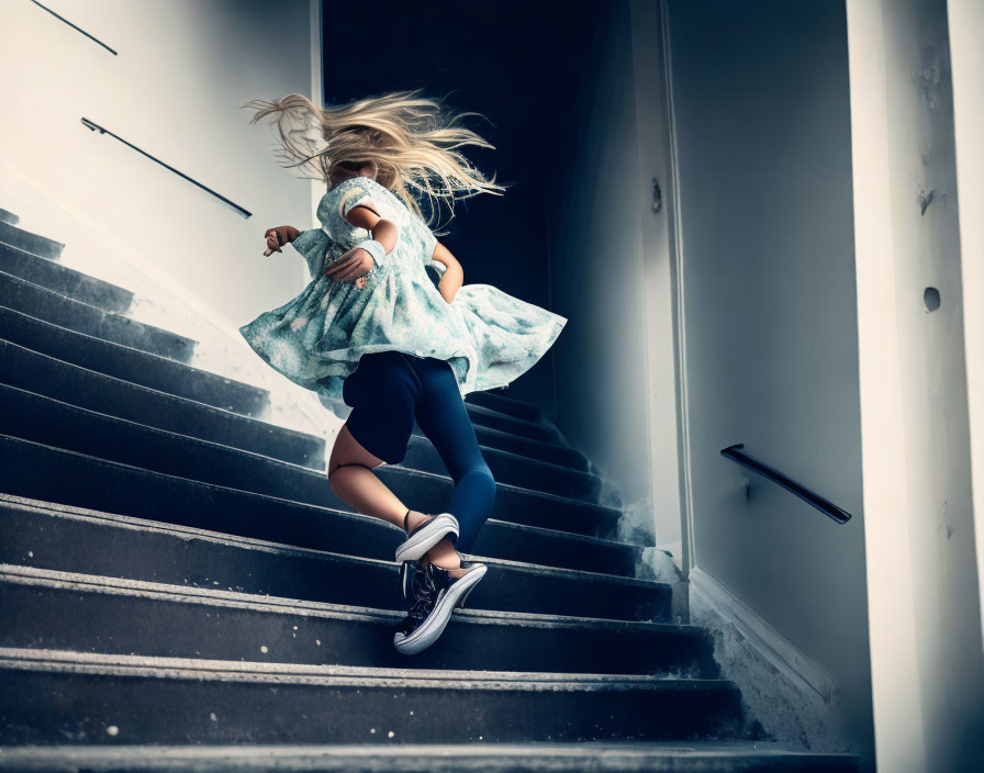 Young girl in blue dress and sneakers running up stairs with blonde hair flowing.