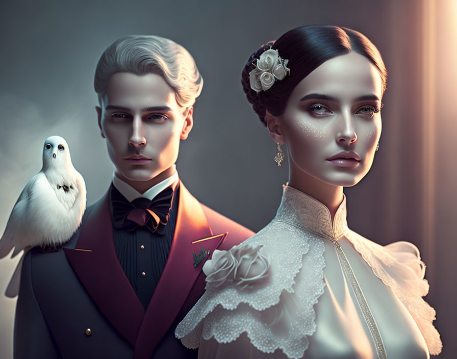 Digital portrait of couple in vintage wedding attire with white dove, against soft-lit backdrop