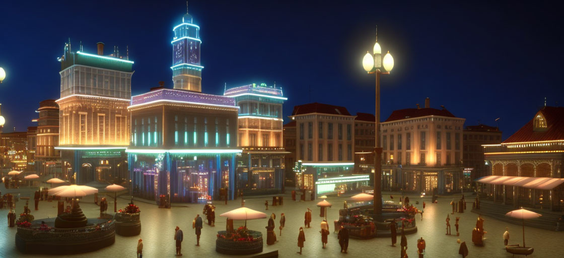 Vibrant evening square with illuminated buildings and people, exuding cozy atmosphere