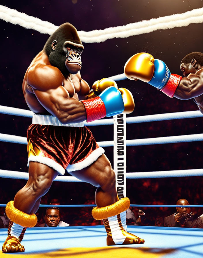 Muscular gorilla in boxing attire vs human opponent in boxing ring