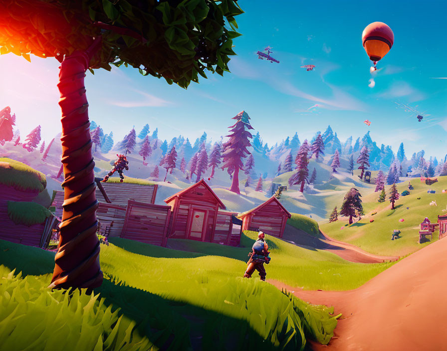 Vibrant video game landscape with characters, trees, and hot air balloon