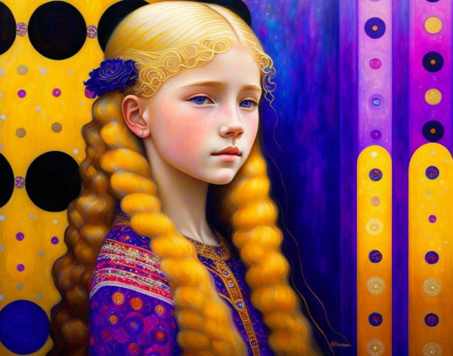 Stylized portrait of young girl with braided golden hair and blue flower on vibrant backdrop