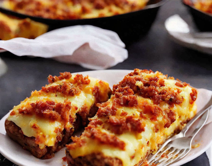 Cheesy lasagna slice with meat sauce on spatula and baking dish in background.