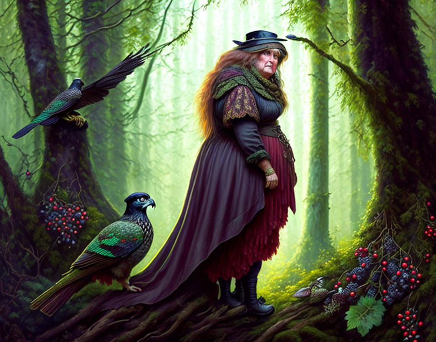 Fantasy garb woman in forest with colorful birds, exuding mystique