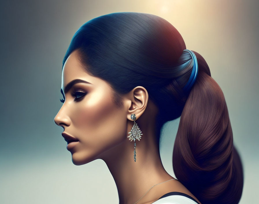 Detailed Earring on Woman with Ponytail Against Gradient Background