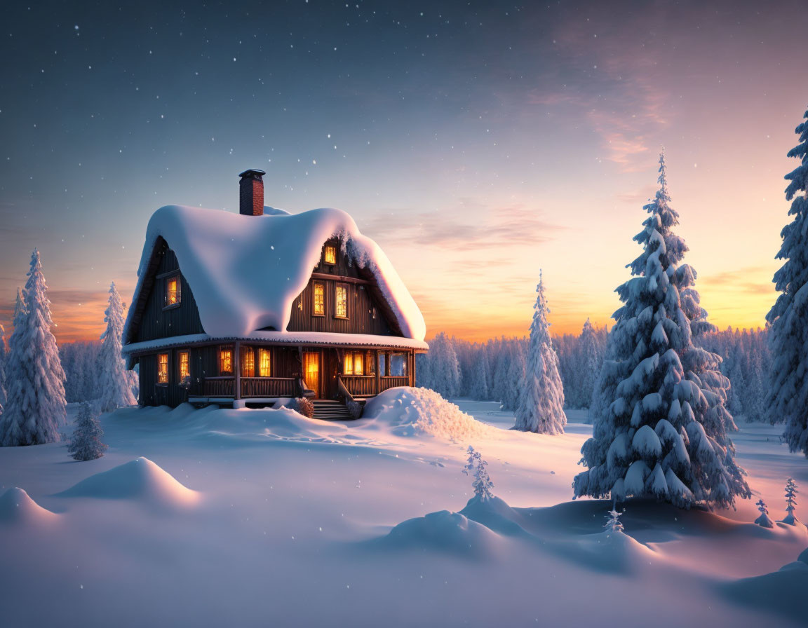 Snowy Winter Landscape: Cozy Chalet in Dusk Illumination