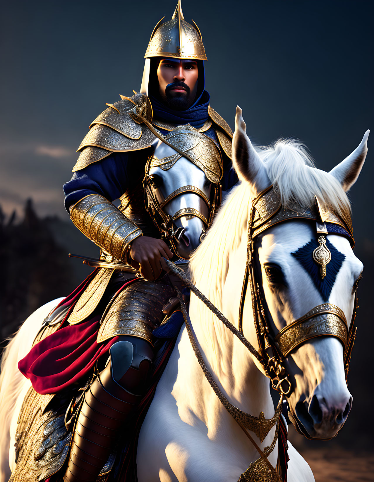 Knight in Shining Armor on White Horse with Plumed Helmet