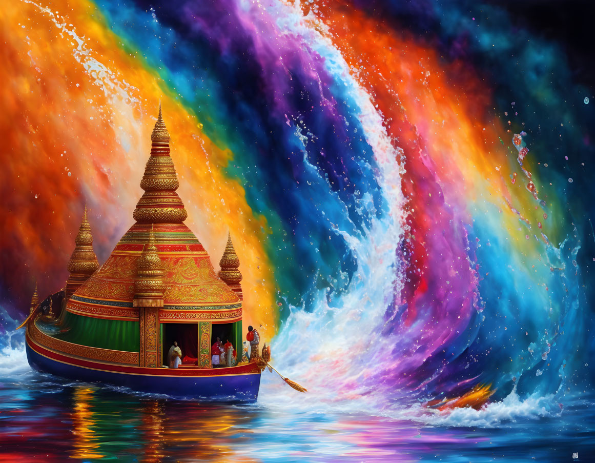 Digital artwork of boat with pagoda structure on water with people, set against cosmic wave