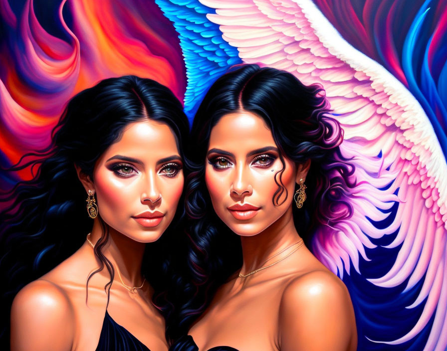 Twin women with dark hair and bold makeup in vibrant portrait with abstract patterns and white wings