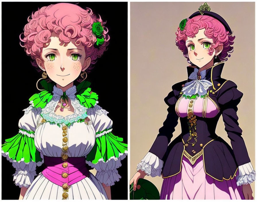 Character illustration: Curly pink hair, green eyes, Victorian-style dress in casual white apron and