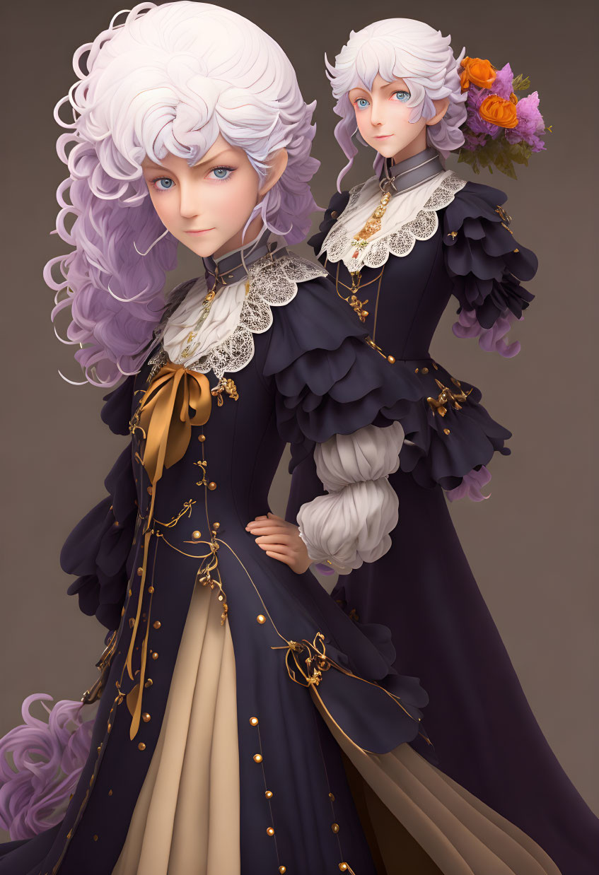 Stylized female figures in Victorian dresses with purple and white hair