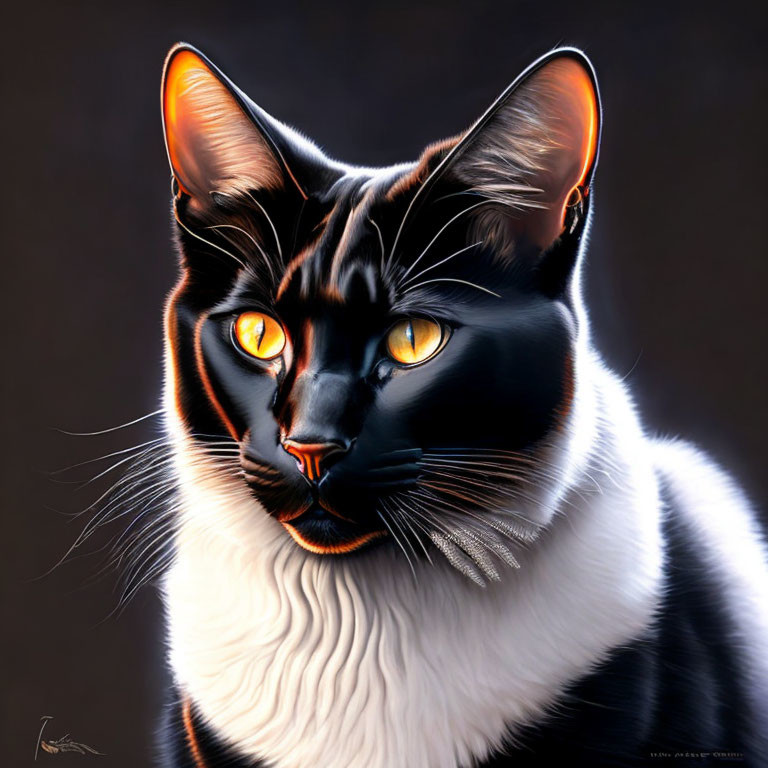 Realistic Digital Painting of Black and White Cat with Amber Eyes