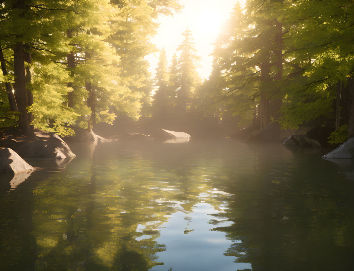 Tranquil forest landscape with sunlight, river, and boulders