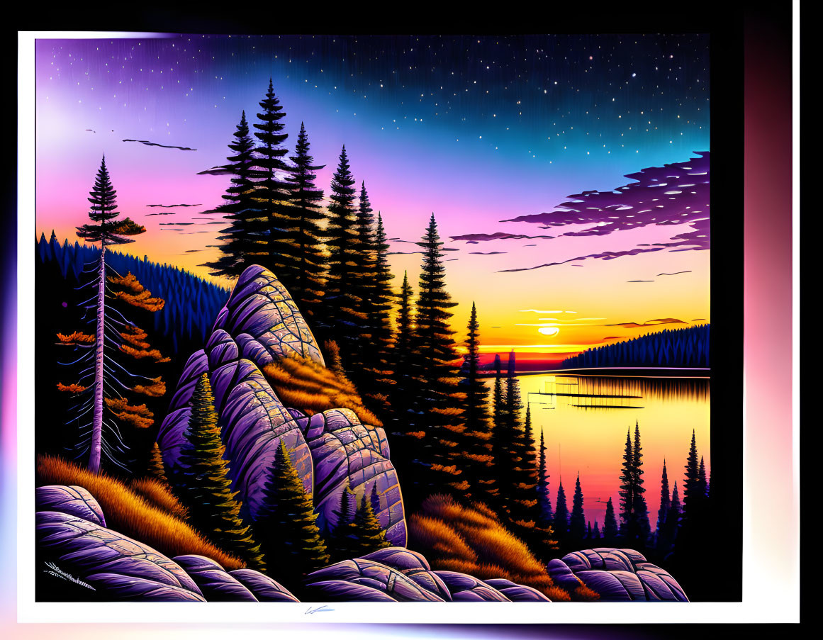 Digital artwork: Sunset over forest lake with warm to starry sky