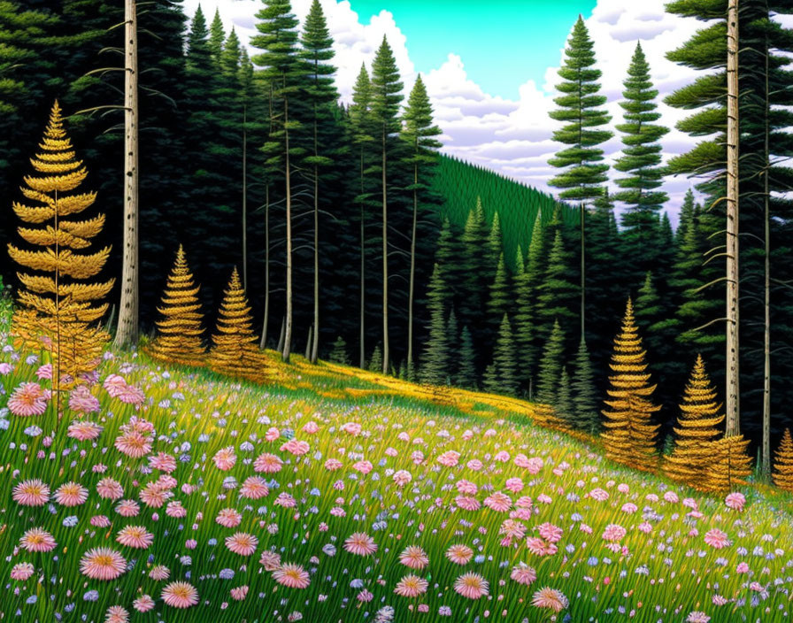 Colorful forest scene with tall green and golden trees and pink flowers in a meadow