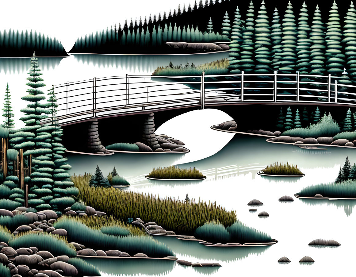 Tranquil digital art: river, bridge, pine trees, grassy islets