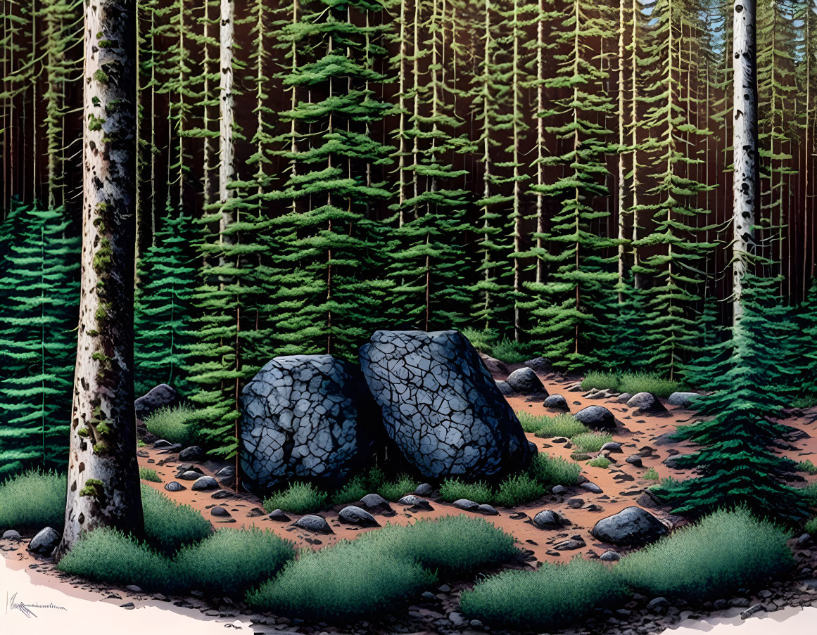 Lush forest scene with tall trees, cracked rocks, and green undergrowth