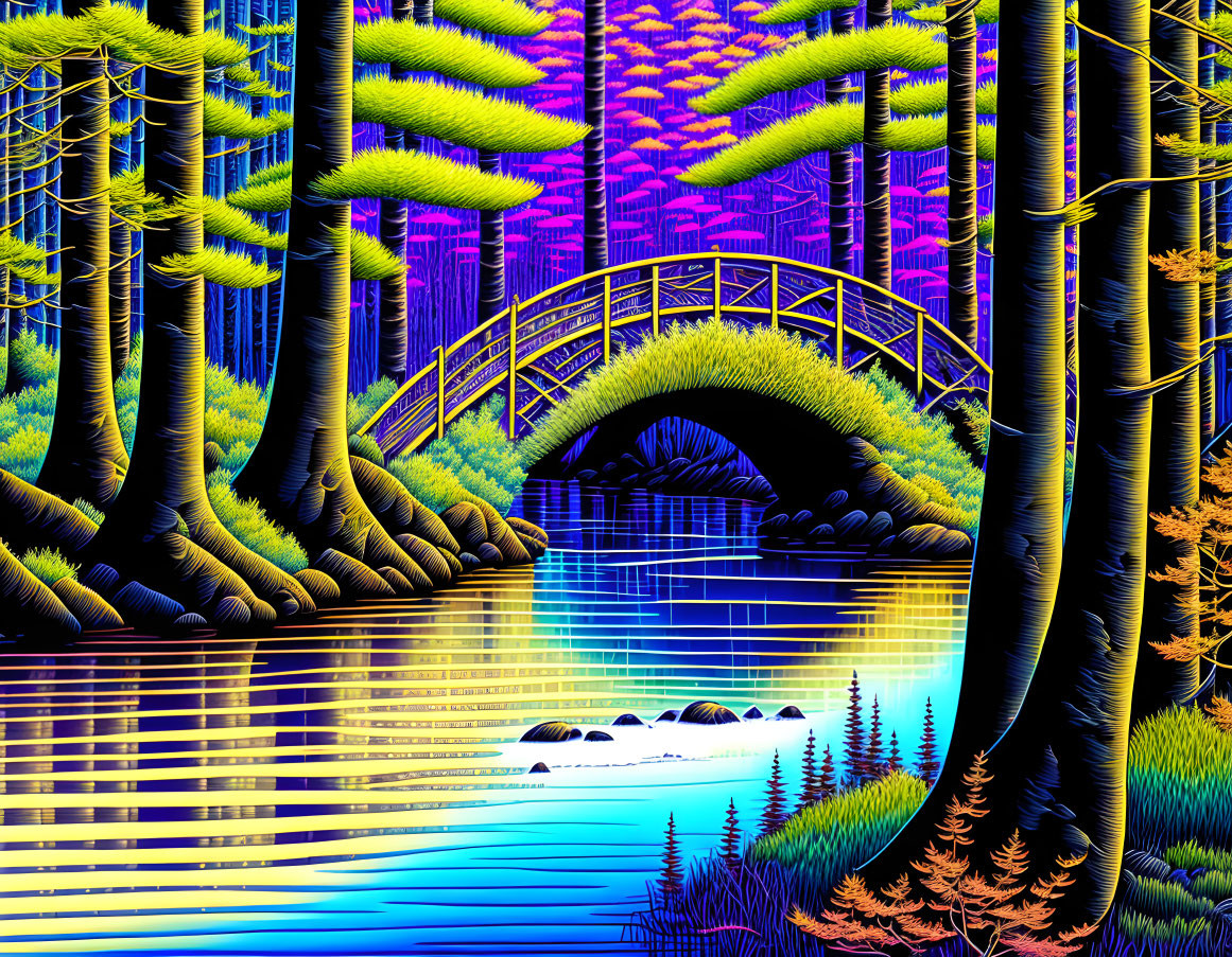 Neon-lit forest scene with river and bridge in deep blues and purples