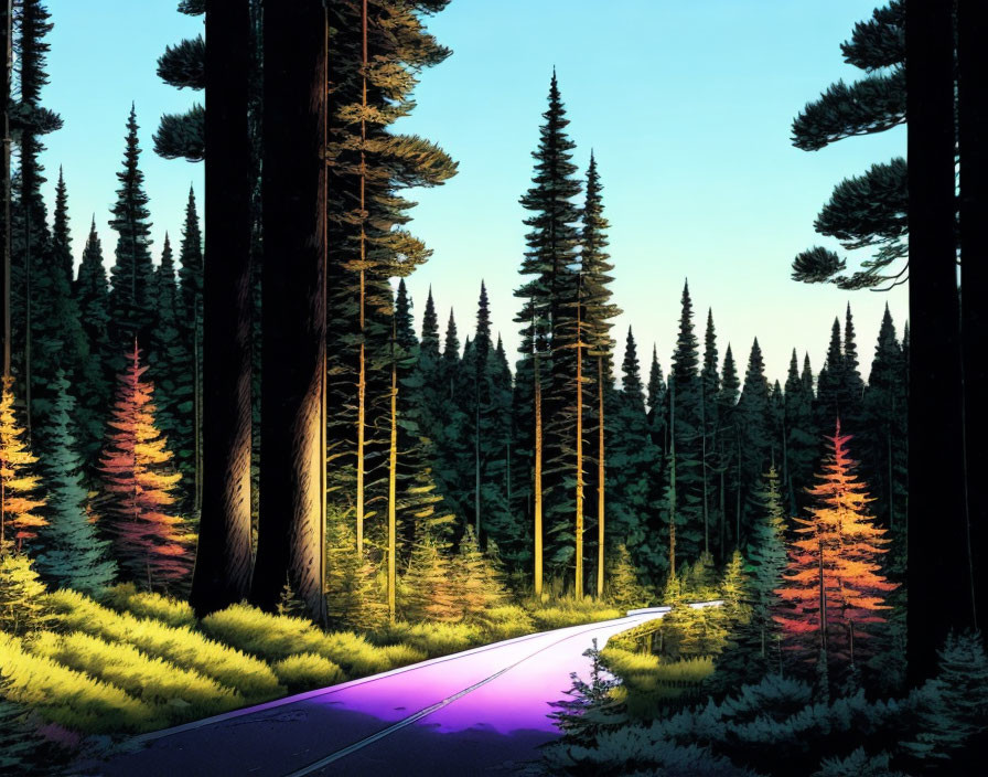 Tranquil forest scene with tall pine trees at sunset