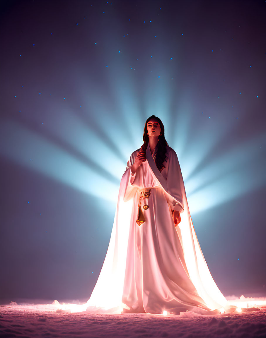 Person in White Robe Silhouetted Against Starry Night Sky