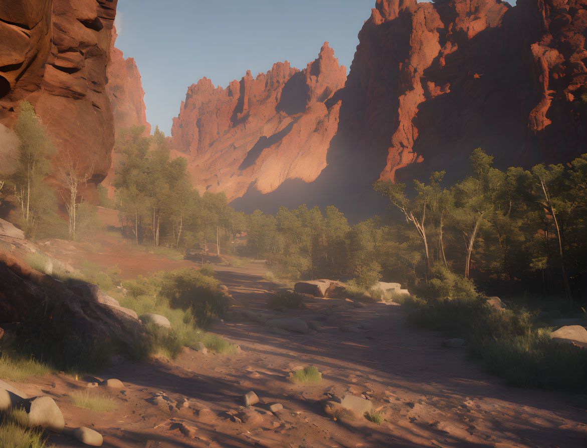 Tranquil forest trail to red rock cliffs at sunrise or sunset