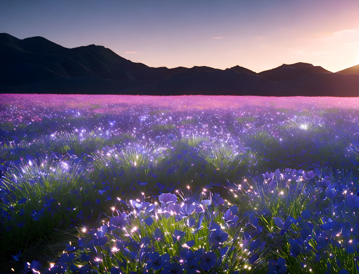 Twilight landscape with glowing purple flowers and mountains