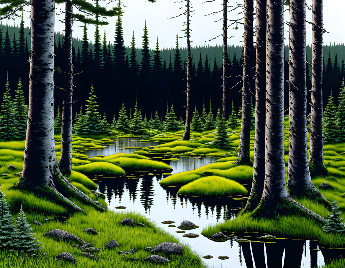 Tranquil forest scene with birch trees, moss, pond, and rocks