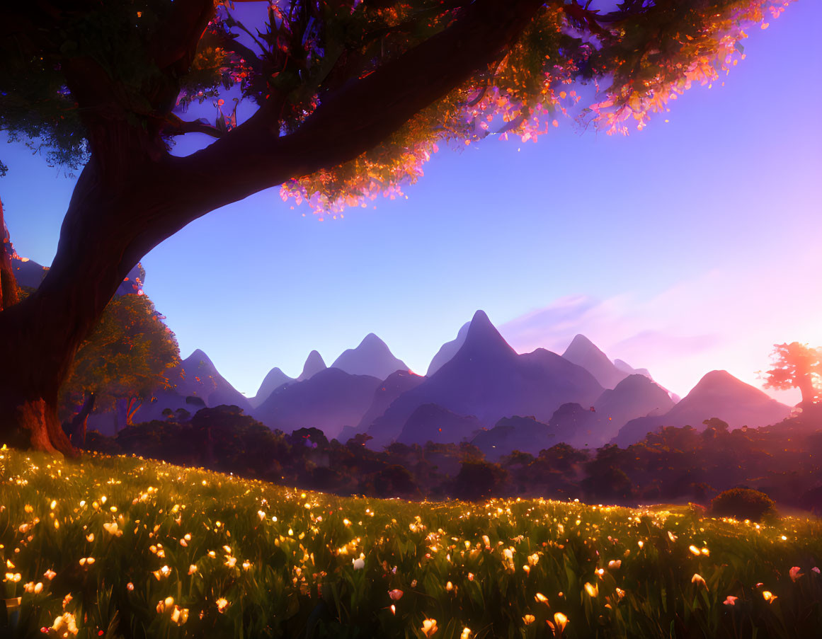 Serene sunset landscape with vibrant sky, silhouetted mountains, blossoming tree, and glowing