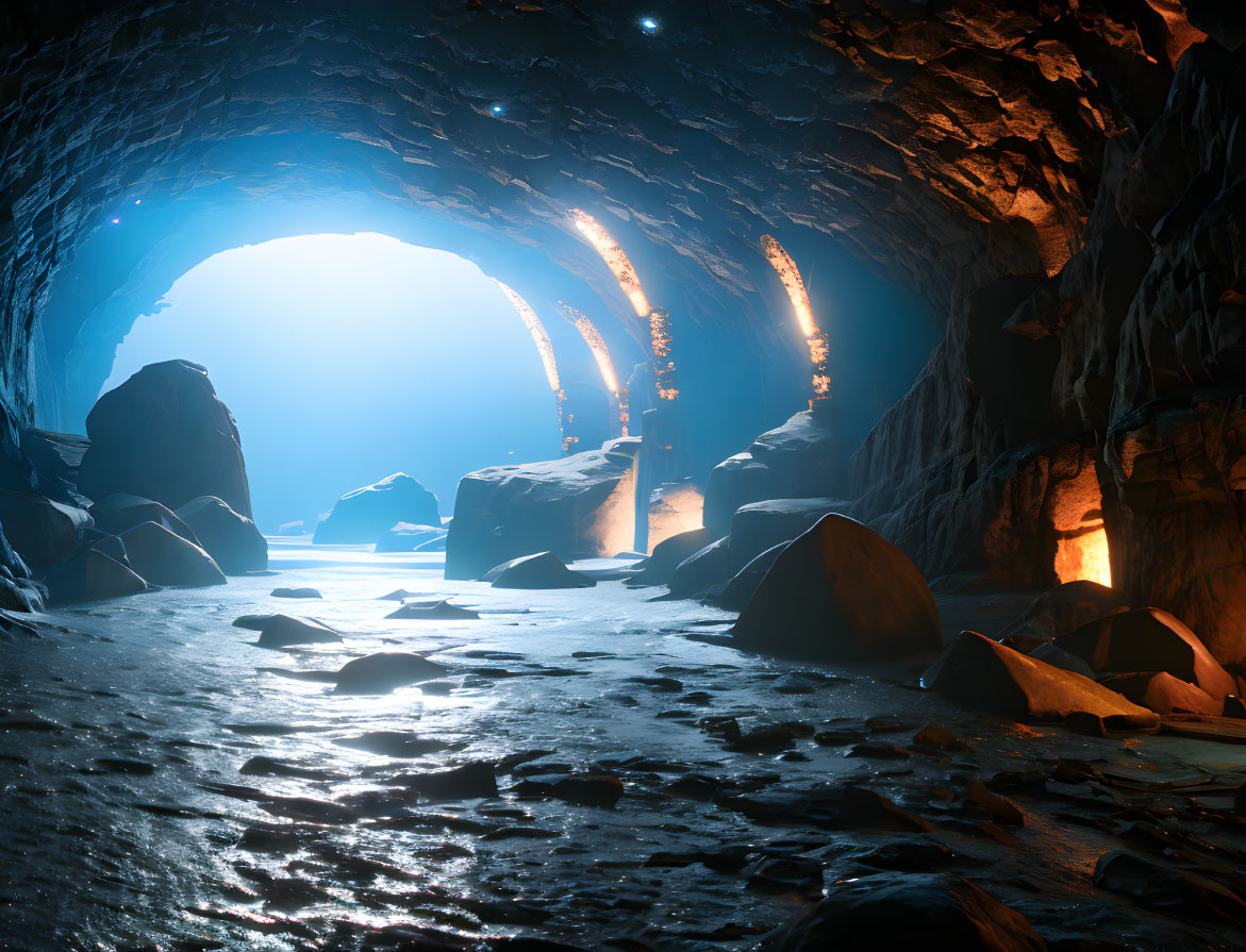 Luminescent cavern with waterway and glowing lights along rocky walls