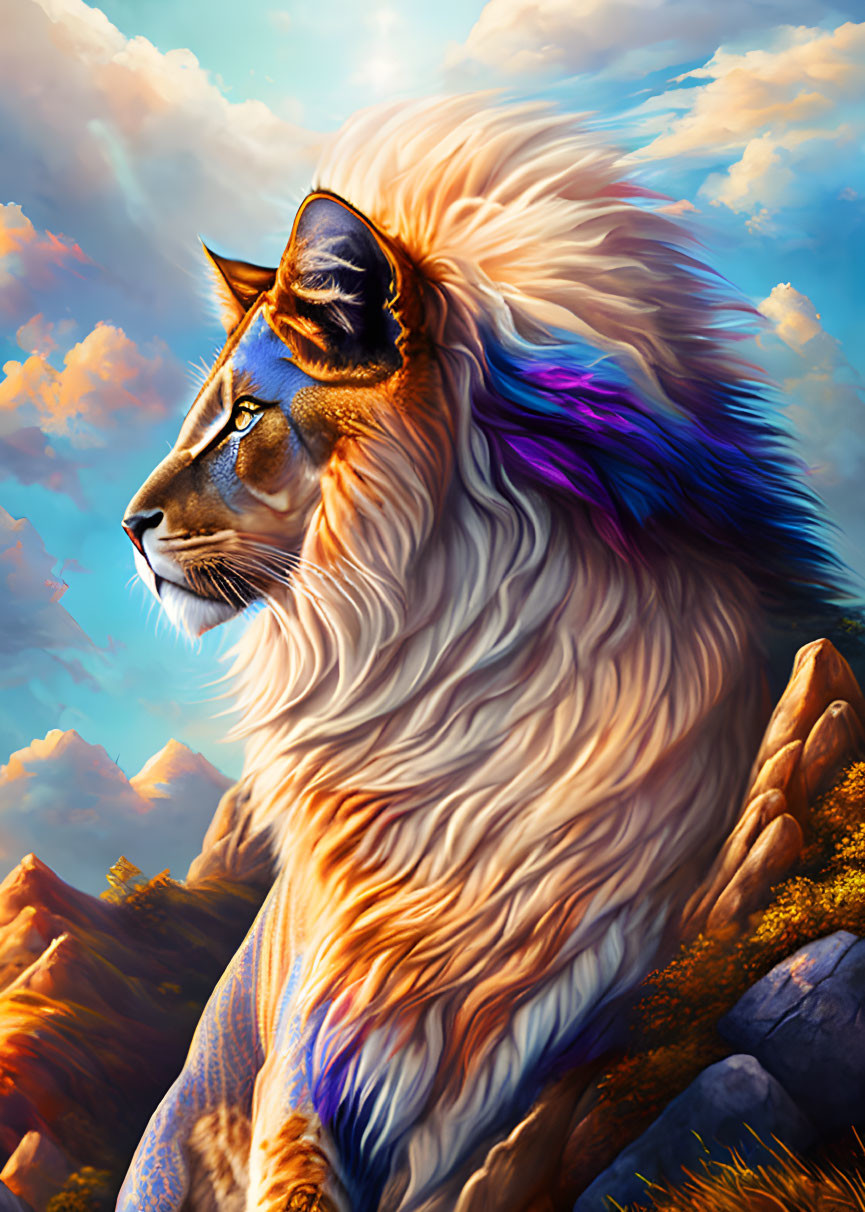 Majestic lion with rainbow mane in vivid landscape