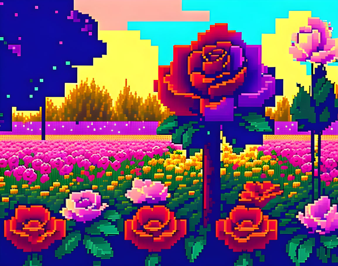 Pixel Art Scene: Large Red Rose, Smaller Flowers, Purple Skies, Yellow Clouds