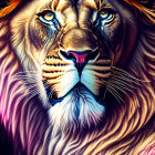 Colorful Digital Artwork of Lion's Face with Intense Blues, Purples, and Or