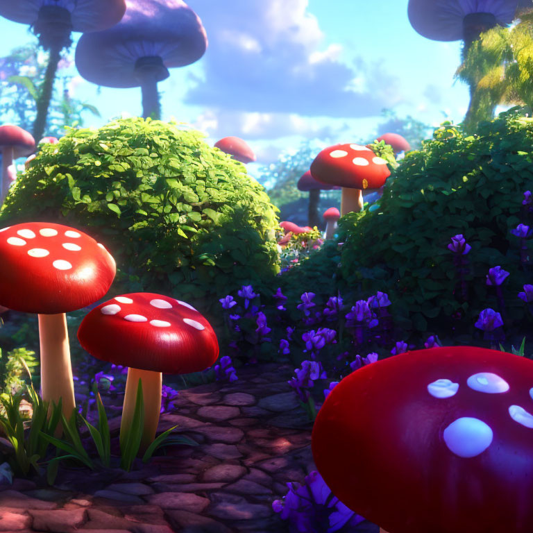 Fantasy scene with oversized red mushrooms and stone path in lush greenery