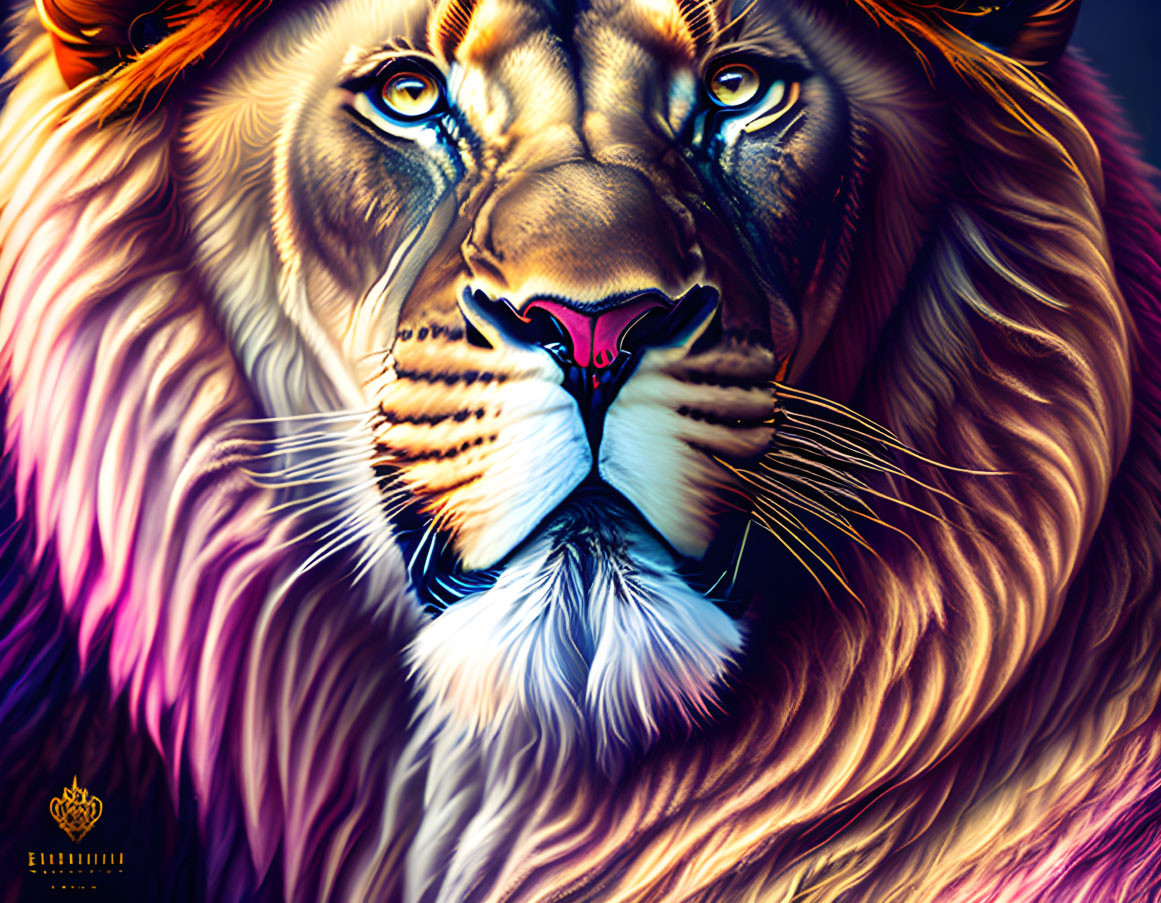 Colorful Digital Artwork of Lion's Face with Intense Blues, Purples, and Or