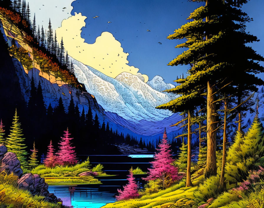 Colorful Mountain Range Landscape with Pine Forest and Serene Lake