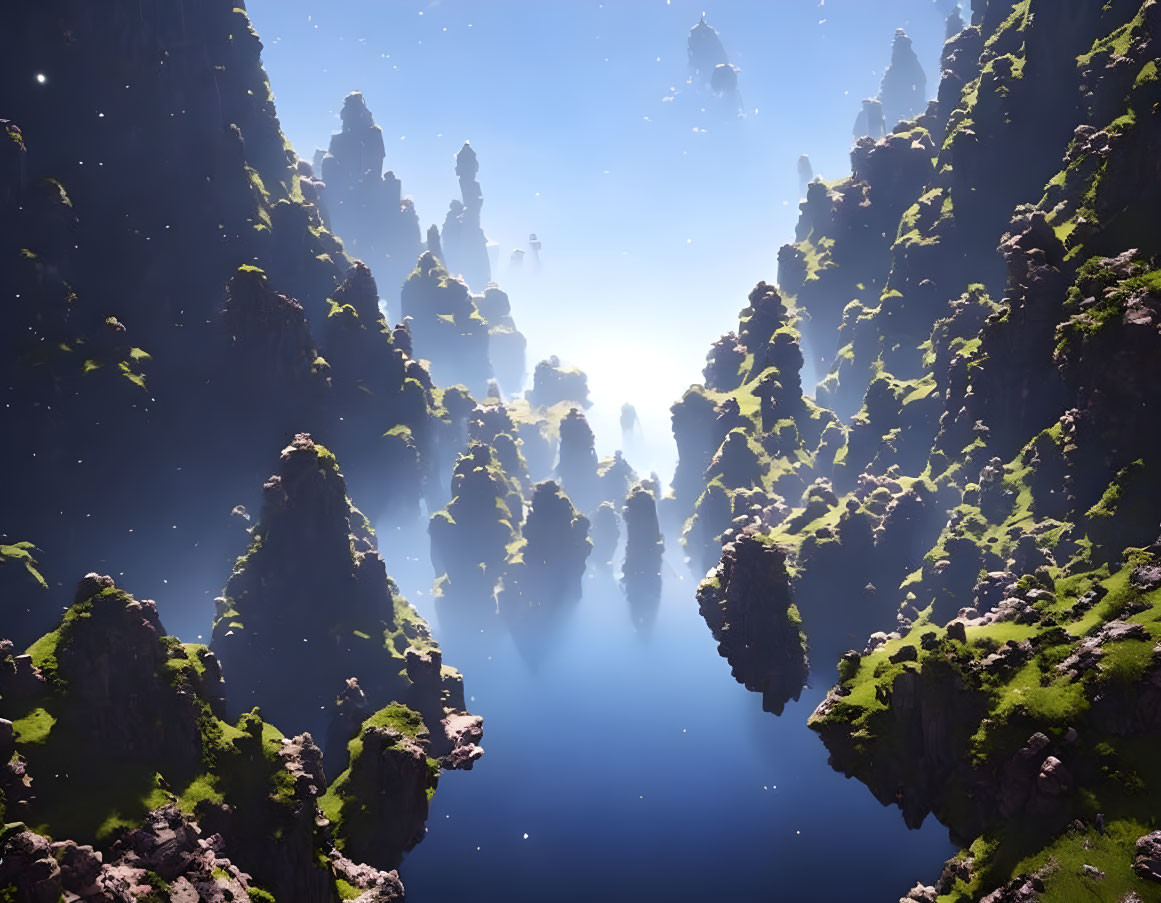 Floating green-covered rocks under distant sunlight